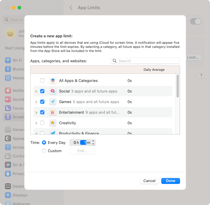 Create a new app limit dialog showing a list of apps and a daily limit of one minute