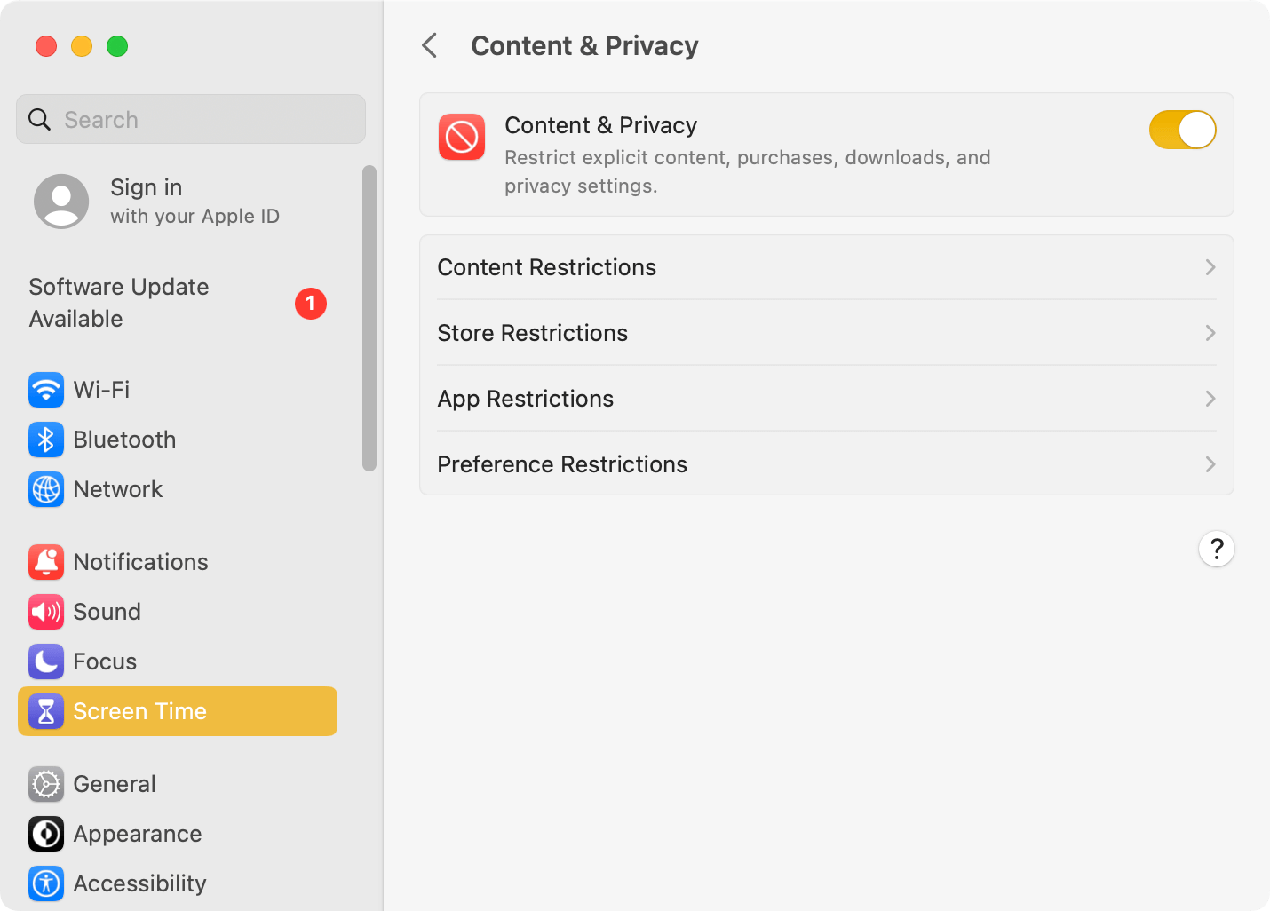 turn on content and privacy