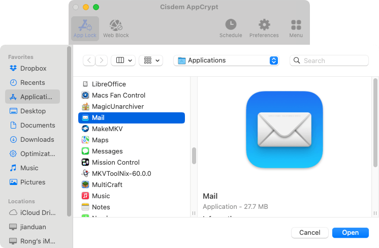Applications folder showing that the Mail app is selected