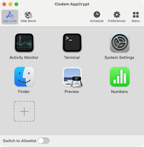 AppCrypt's App Lock tab showing apps like Preview and more