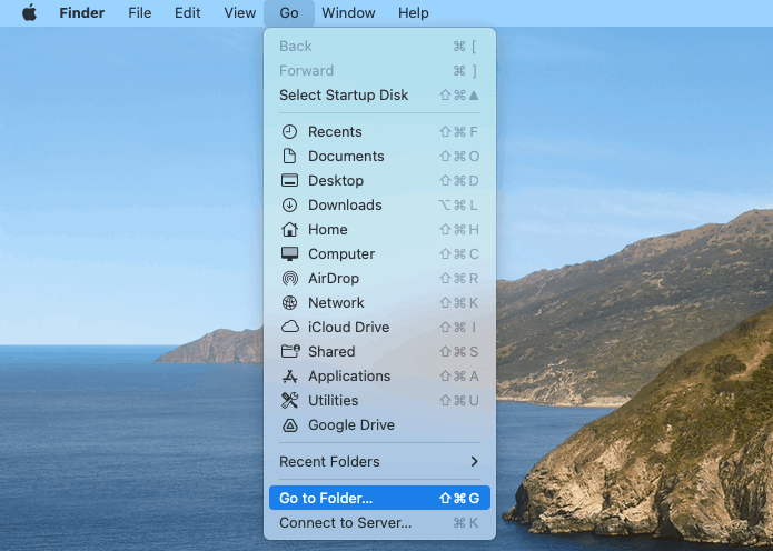 the Go menu of Finder showing Go to Folder along with other options