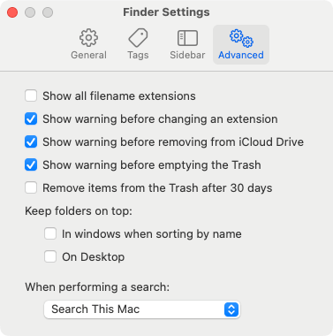 Finder Settings window showing that the Show warning before emptying the Trash checkbox is selected
