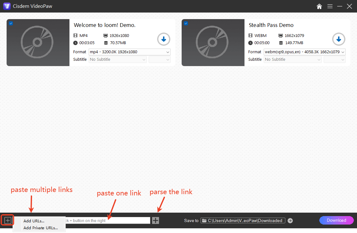 paste and parse urls with videopaw