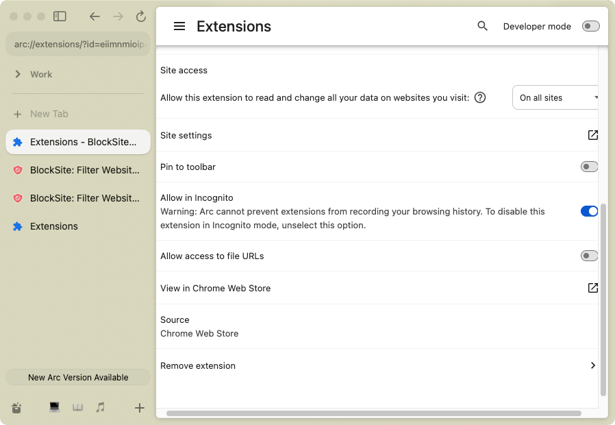 a page showing a number of options, with the Allow in Incognito option being enabled