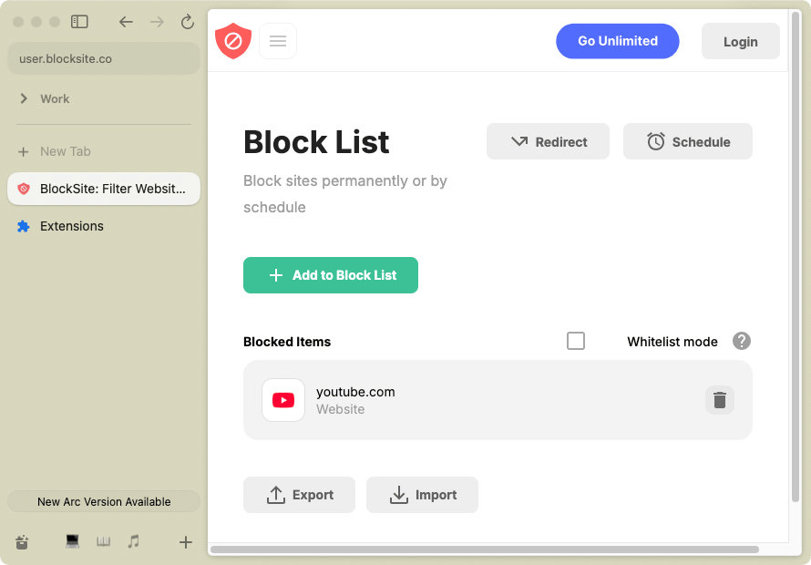 Block Sites section showing an Add to Block List button, an Schedule button, and more