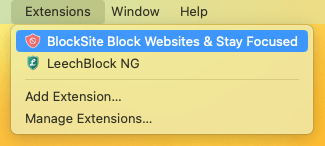 Extensions menu showing BlockSite, Add Extension, and ManageExtensions