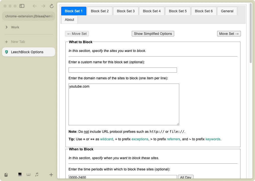 LeechBlock Options page showing a Block Set 1 tab, a Show Simplified Options button, a What to Block section, and more