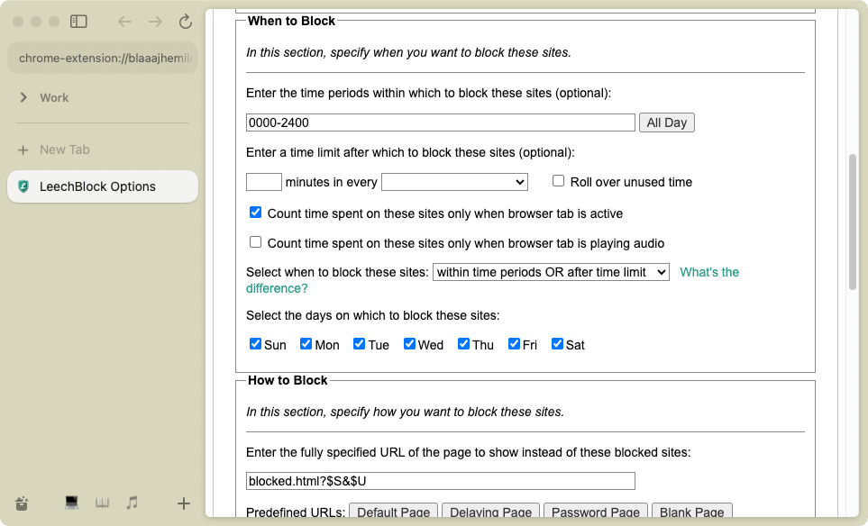 LeechBlock Options page showing a When to Block section