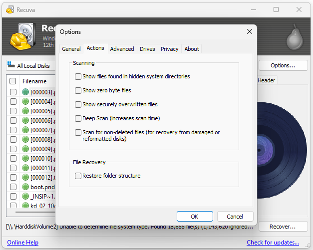 recuva scan options