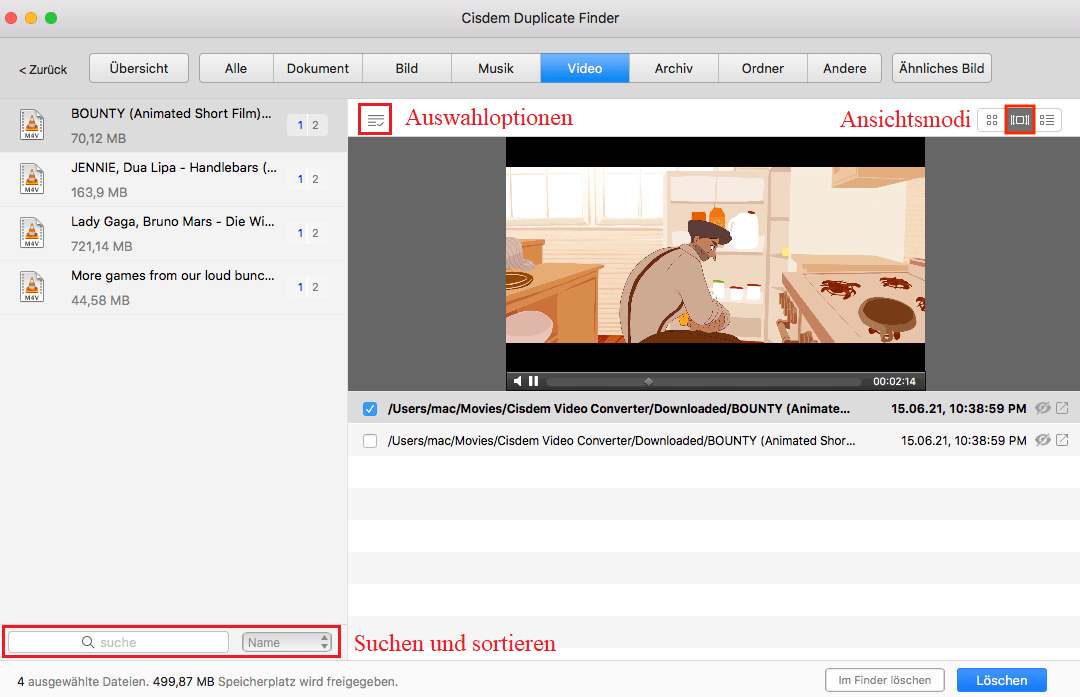 view, preview and delete the found duplicate videos