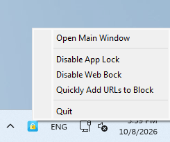 a menu with Open Main Window and a few other options