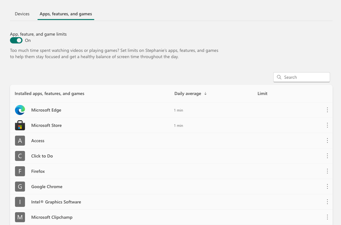 the Apps, features, and games tab