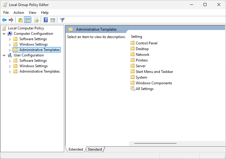 the Local Group Policy Editor window showing Administrative Templates, among other items