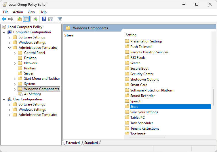 the Local Group Policy Editor window showing Store, among other items
