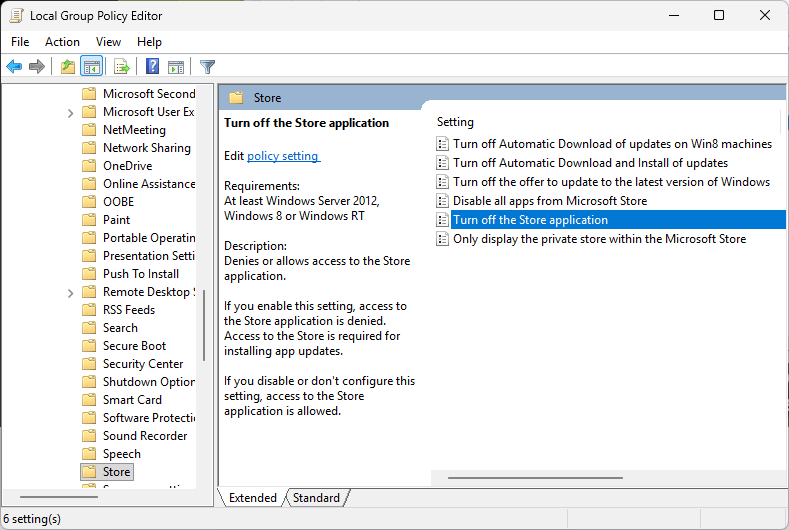 the Local Group Policy Editor window showing the Turn off the Store application policy, among other items