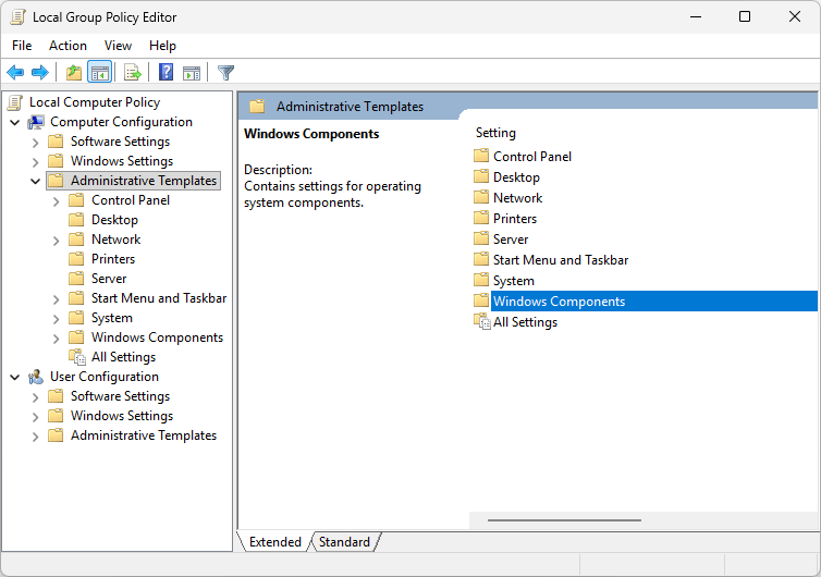 the Local Group Policy Editor window showing Windows Components, among other items