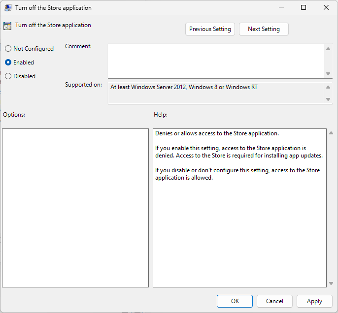 the Turn off the Store application window showing three options: Not Configured, Enabled, and Disabled
