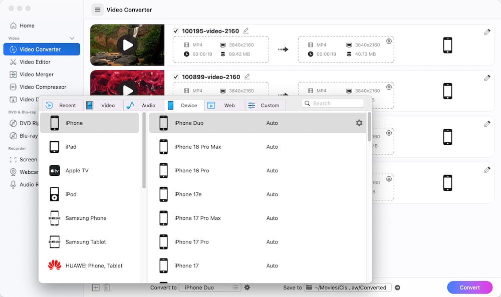 choose output format for iphone