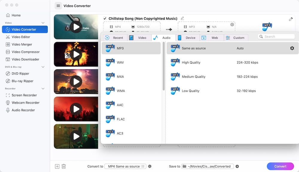 choose output audio format via videopaw