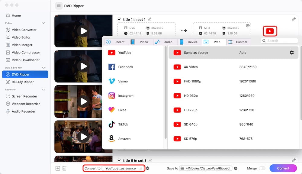 choose youtube as output