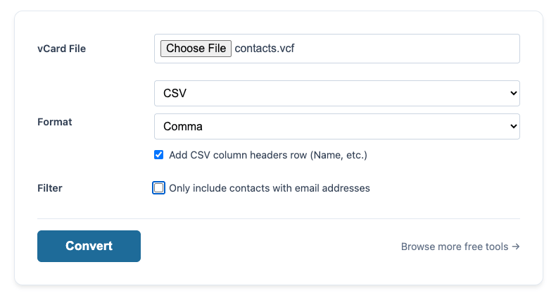 a interface including a Choose File button, two dropdown menus, a checkbox, a Convert button, and more