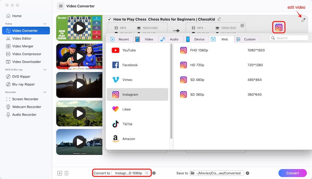 convert youtube videos to instagram