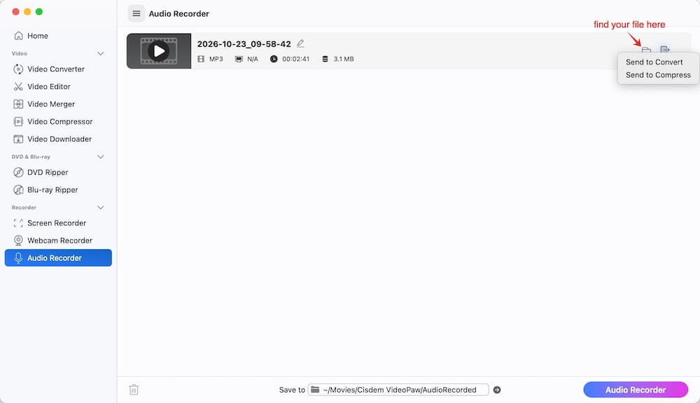 recording list in videopaw