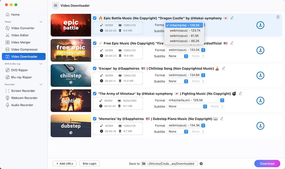 choose output options to download