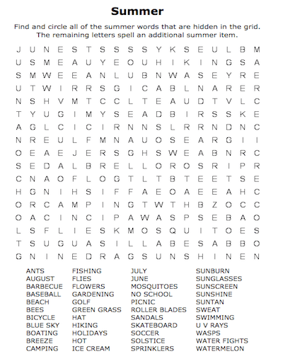 Summer word search printable deals