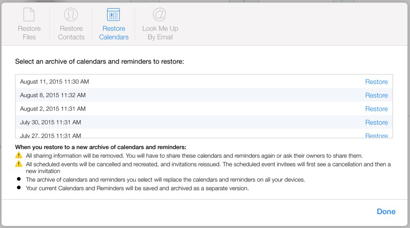Restore deleted calendar events back using iCloud backup