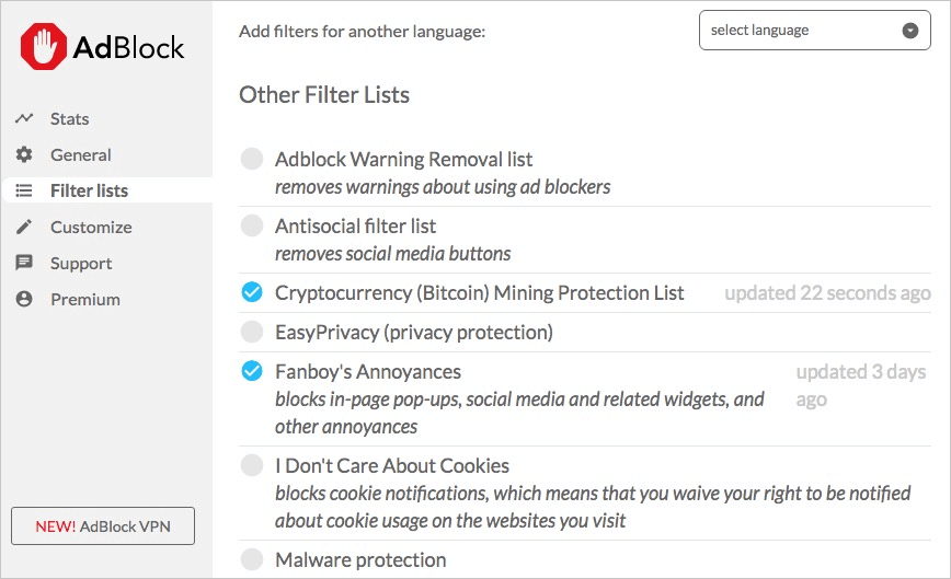 Other Filter Lists section