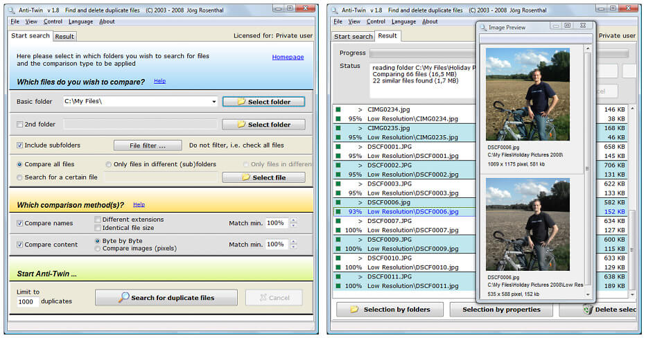 Anti-Twin freeware duplicate file finder for Windows