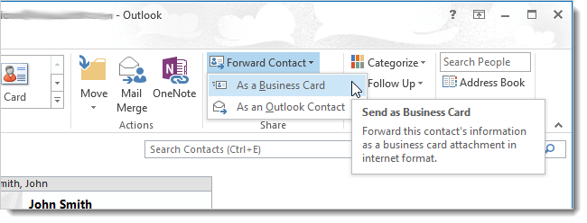 clicking Forward Contact brings up the As a Business Card option