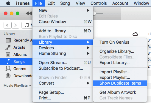 choosing File > Library in the iTunes app brings up the Show Exact Duplicate Items option