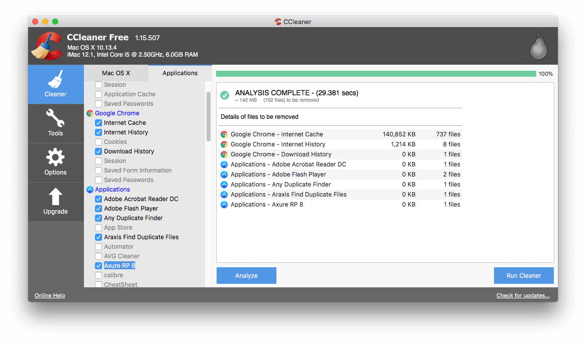 CCleaner for Mac analyzing applications caches