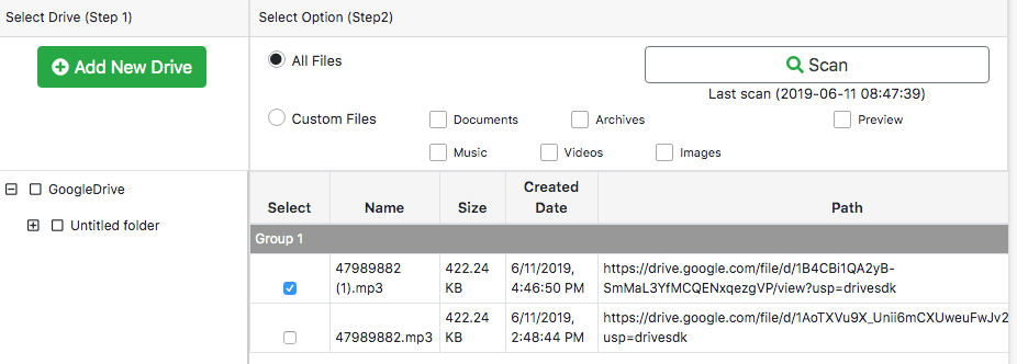 the scan results window displaying groups of duplicate files