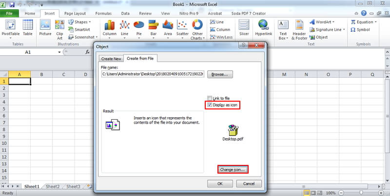 insert pdf into excel as icon