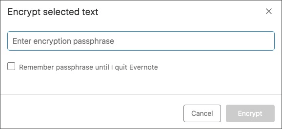 the Encrypt selected text dialog showing an Enter encryption passphrase field and an Encrypt button