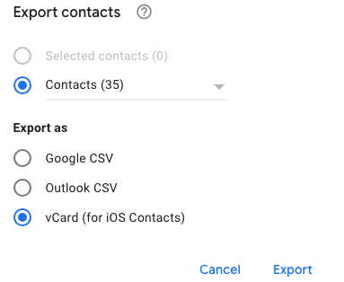 the Export contacts dialog showing the vCard (for iOS Contacts) option and other options