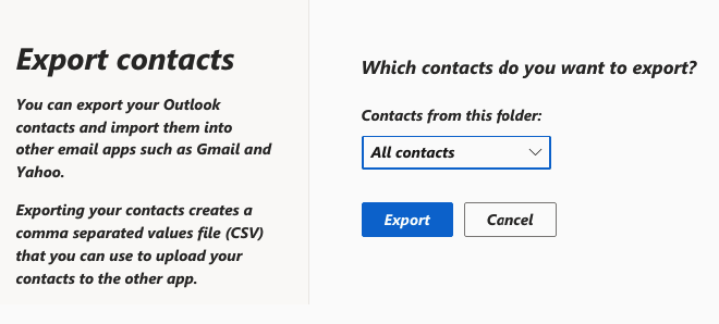 the Export contacts dialog displaying an Export button