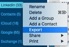 select Export to export your LinkedIn contacts to Excel