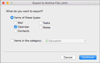 the Export to Archive File (.olm) window