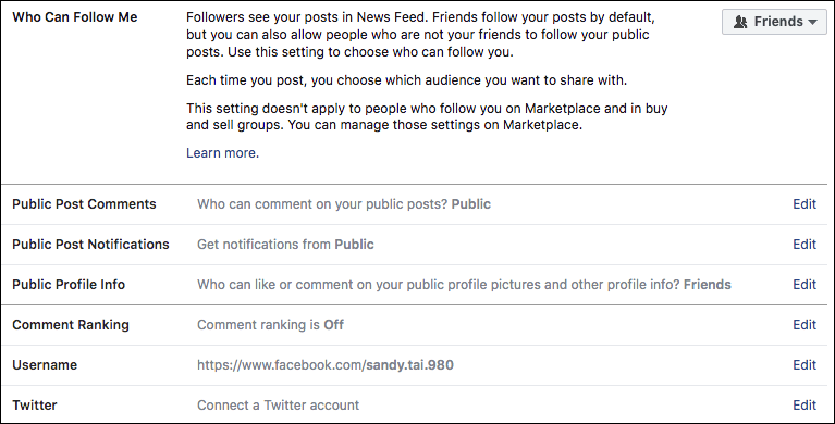 Facebook public posts setting