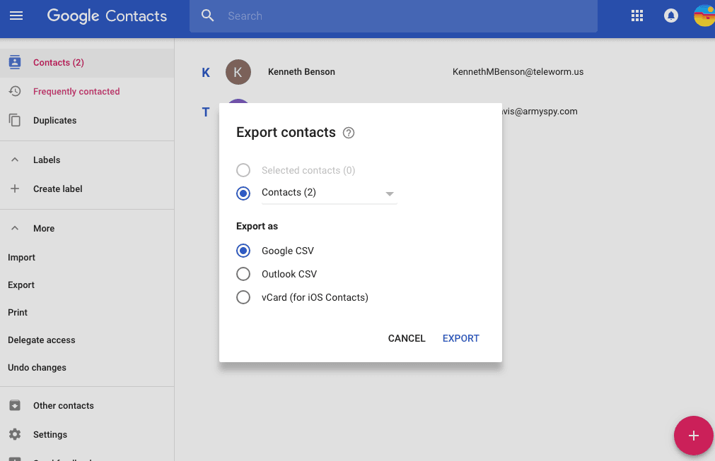 google contacts export to vcard