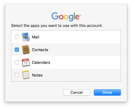 the Contacts checkbox is selected