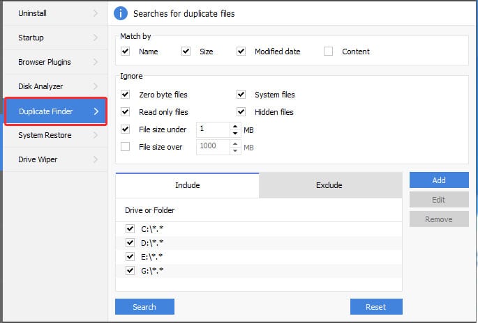 the Size checkbox and the Content checkbox are selected to search for true duplicate files