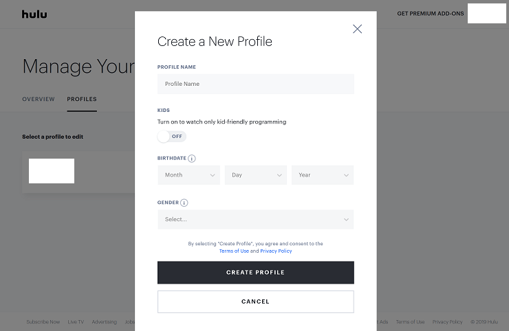 create a new profile on hulu.com and set up parental controls