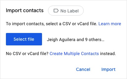 click Import to import VCF to Google Contacts