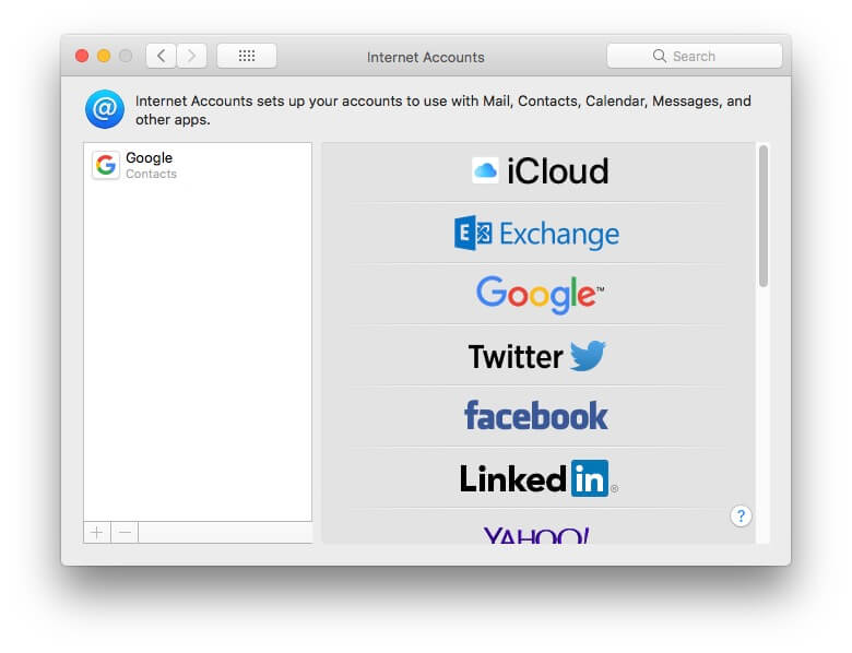 the Internet Accounts window displays iCloud and other services