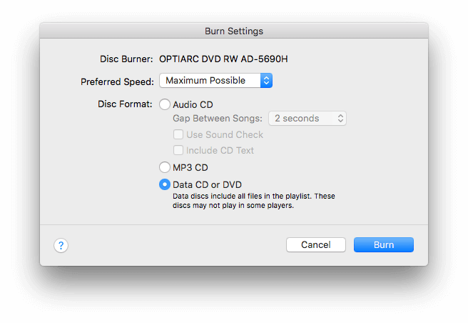 itunes burning settings